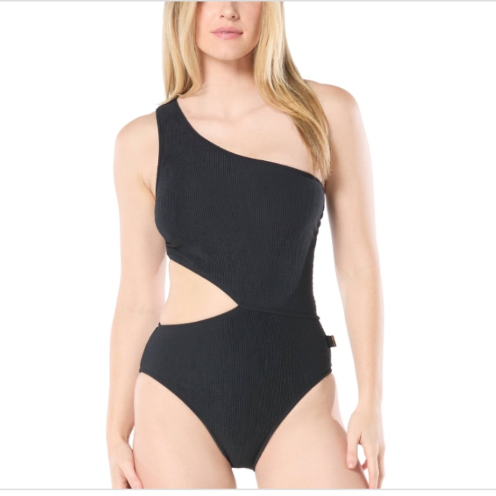 MICHAEL Michael Kors Black One-Shoulder Cutout Ribbed One-Piece Swimsuit